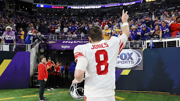 Jan 15, 2023; Minneapolis, Minnesota, USA; New York Giants quarterback Daniel Jones (8) reacts after winning a wild card game against the Minnesota Vikings at U.S. Bank Stadium.